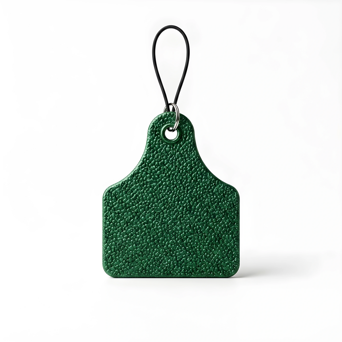 A dark green textured leather luggage tag with a black loop strap and silver metal hardware, shown on a clean white background.