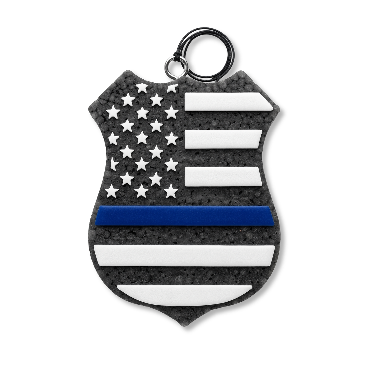 Police badge-shaped ornament with a black and white American flag design and a thin blue line stripe.